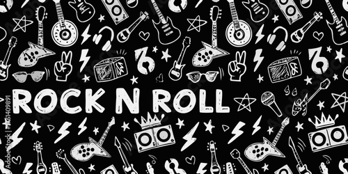 Rock and roll music graphic with guitars microphones speakers and lightning bolts