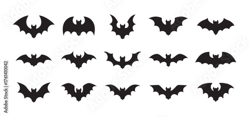 Halloween black bat isolated silhouettes holiday horror, vector cartoon icons. Flying vampire bat silhouettes for Halloween and trick or treat party scary and spooky decoration