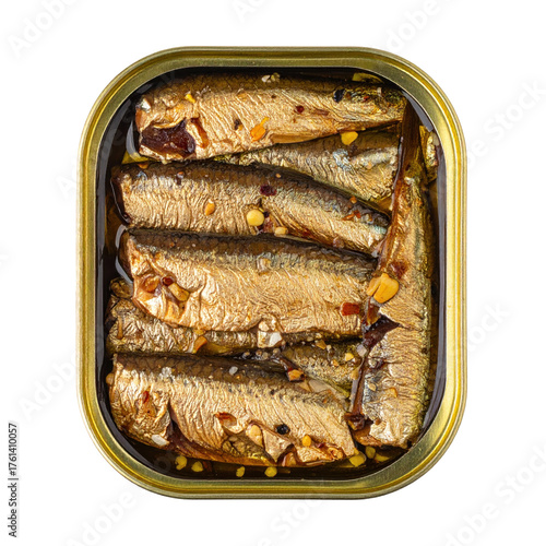 Golden Baltic sprats in oil with Spices, Ready for Consumption, Overhead View .isolated on white background