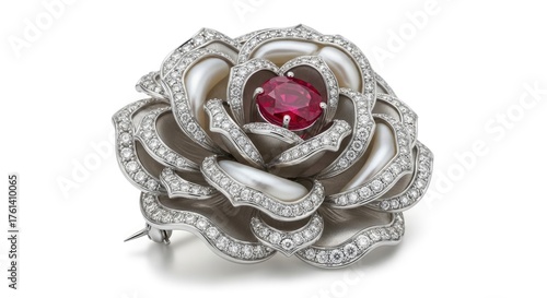Exquisite floral brooch with ruby, diamonds, and pearls on a white background, luxury jewelry.