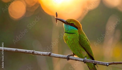 A colorful bird, with a bug in its beak, perched on a branch at sunset