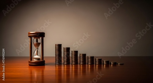 Hourglass and coins convey time running out on investments, perfect for financial planning, illustrating economic downturn, or showing limited resources