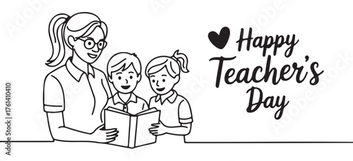 Happy Teachers Day illustration showing a teacher reading a book with two students simple line art vector design