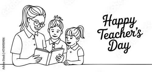 Teacher reading to students a line art illustration for Teachers Day perfect for greeting cards and educational materials