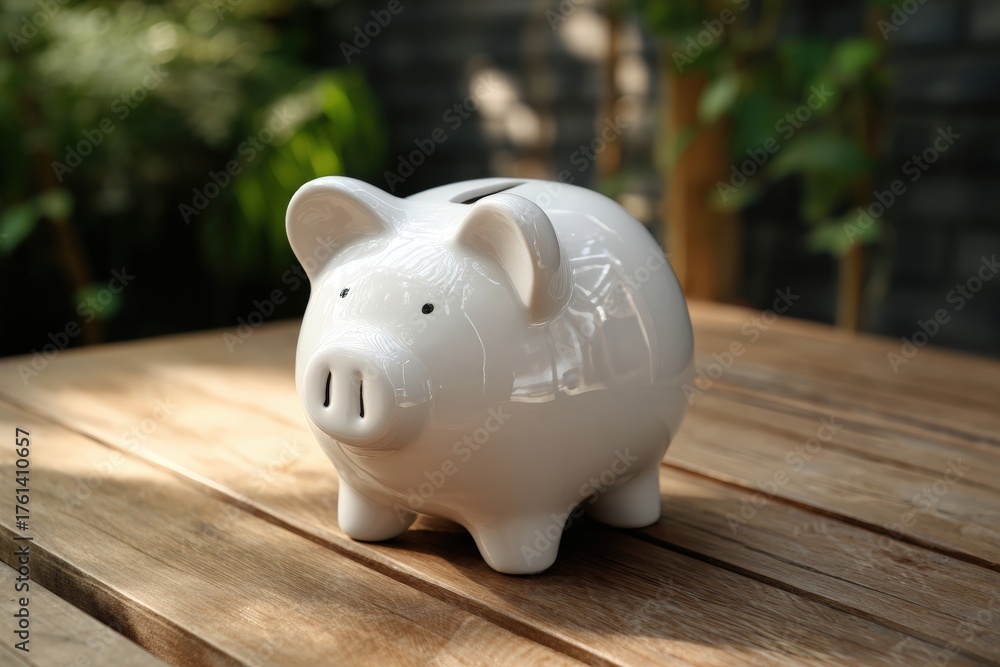 Fototapeta premium White piggy bank on a wooden table outdoors