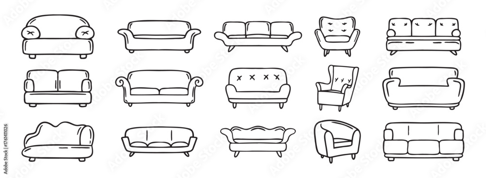 Obraz premium sofa and armchair doodle hand drawn icon set. luxury couch for apartment, comfort sofa models. Outline drawing sofa and armchair line clipart symbol collection