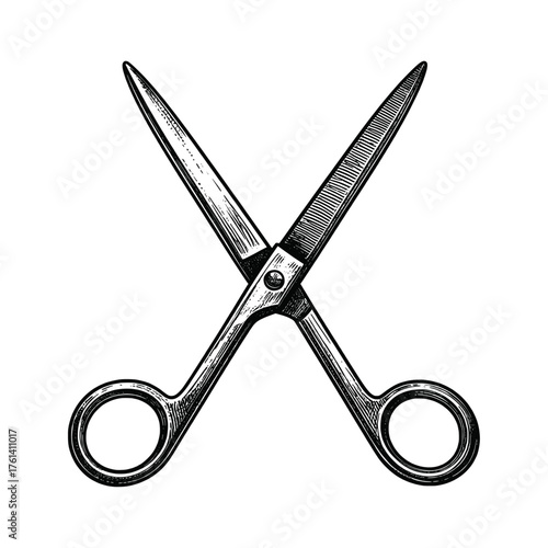 Vintage hand drawn scissors illustration featuring detailed metal texture, open blades, and ergonomic handles on white background for retro design or craft projects.