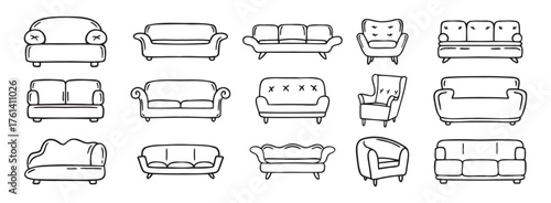 sofa and armchair doodle hand drawn icon set. luxury couch for apartment, comfort sofa models. Outline drawing sofa and armchair line clipart symbol collection