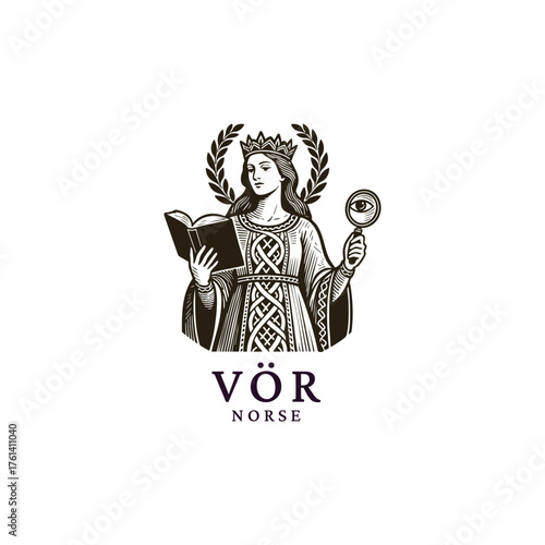 Vör Norse Goddess of Wisdom and Insight Vintage Logo.  illustration of the Norse Goddess Vör, who knows everything, reading a book and holding a magnifying glass to examine a detail or a mystical eye