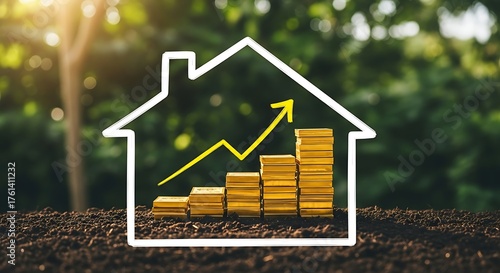 Growing wealth in real estate investments creates financial success with a house outline and rising gold stacks showing property appreciation