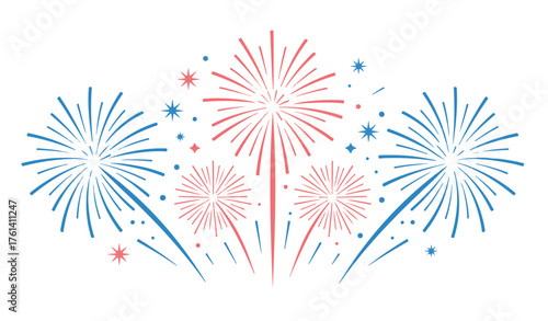Festive fireworks illustration in red and blue vector graphic for celebrations isolated on white background