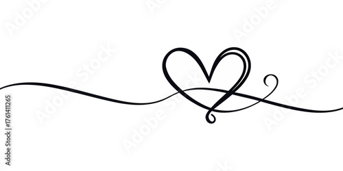 Vector continuous line drawing of a heart shape with a flourish on a white background for valentine's day card