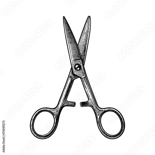 Vintage hand drawn scissors illustration showing detailed metal blades and handles, perfect for design, education, or barbershop branding.