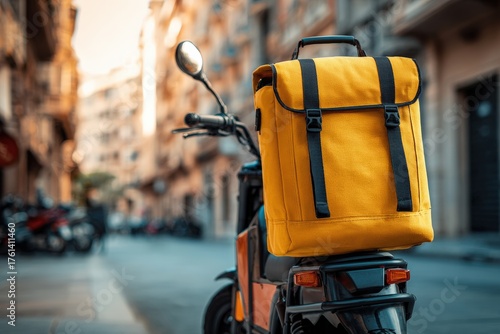 Fototapeta Naklejka Na Ścianę i Meble -  Delivery motorcycle with yellow bag