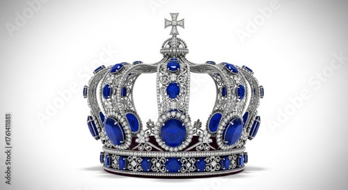 Luxurious silver crown adorned with brilliant blue sapphires and sparkling diamonds on a white ba...
