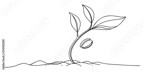 Vector a simple line drawing of a seedling sprouting from the ground with three leaves and a seed visible near it