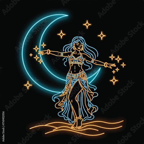 A stylized neon illustration of a belly dancer with outstretched arms, set against a crescent moon and starry background.