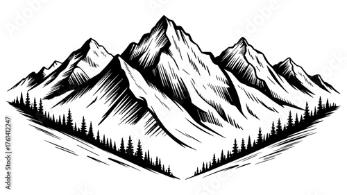 Black and white of distant mountains with a line of trees in front, symbolizing nature, wilderness, and outdoor adventure.
