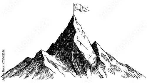 a mountain with a flag at the summit, symbolizing achievement, ambition, success, and personal goals.