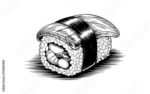 a nigiri sushi with fish topping and nori strip, symbolizing Japanese cuisine, tradition, and minimal food art.