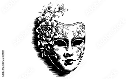 a decorative masquerade mask adorned with floral elements, symbolizing mystery, elegance, beauty, and celebration.