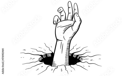 a human hand emerging from a hole in the ground, symbolizing struggle, hope, survival, and resurrection.