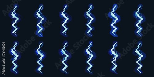 Animated lightning bolt sprites for video games and motion graphics with a dark background