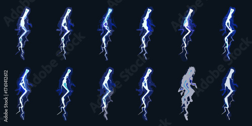 Collection of animated lightning bolt effects in various stages of intensity and form
