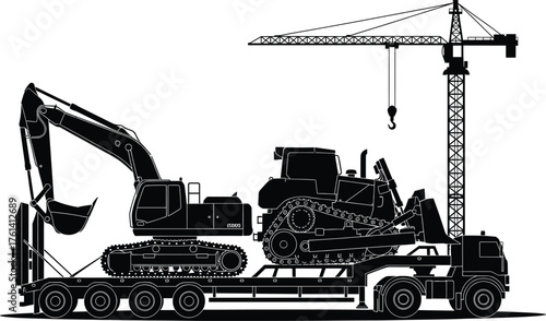 Construction heavy equipment truck transporting excavator and bulldozer under tower crane silhouette vector illustration for industrial transport and machinery logistics design