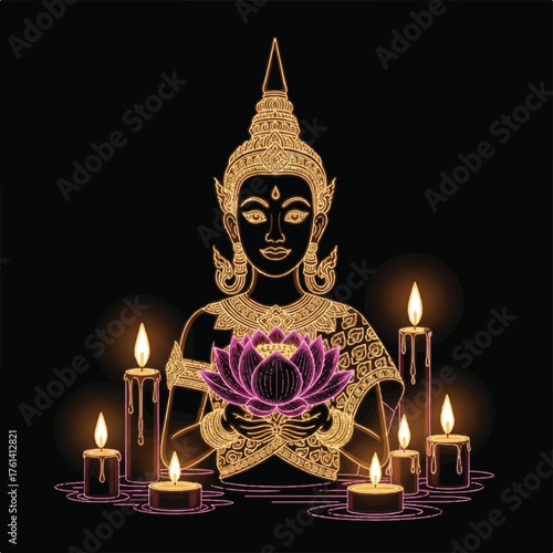 Golden illustration of a seated figure holding a pink lotus flower, surrounded by lit candles against a black background.