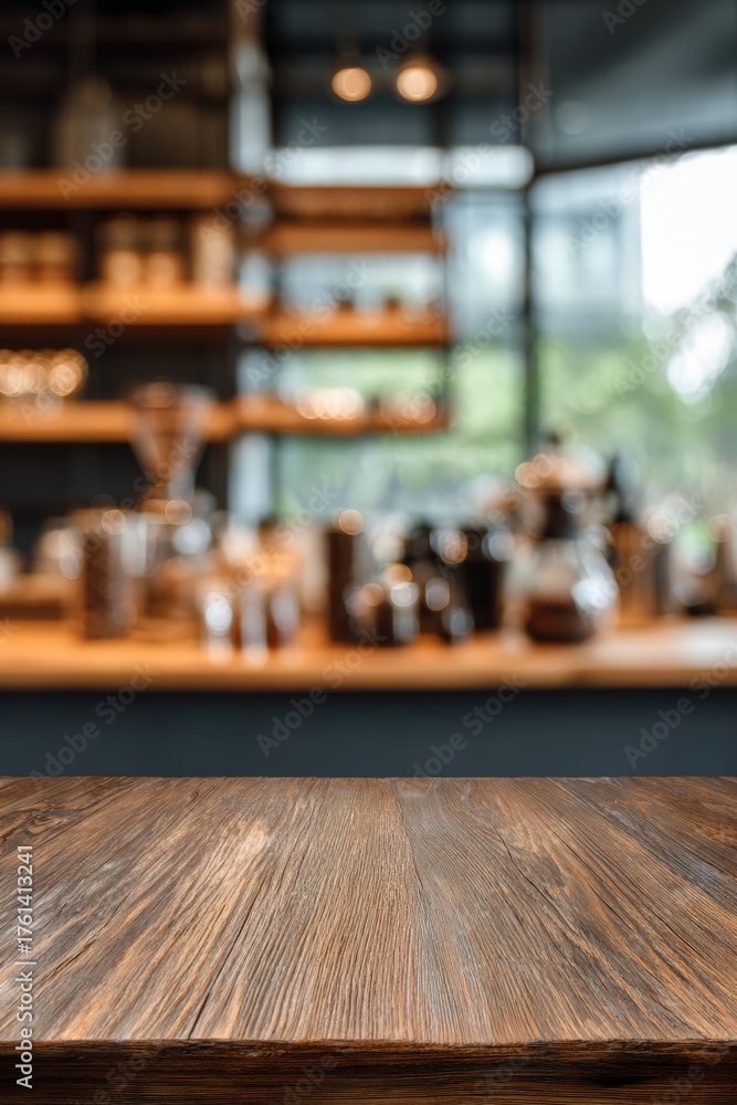 Fototapeta premium Wooden table in a blurred cafe
