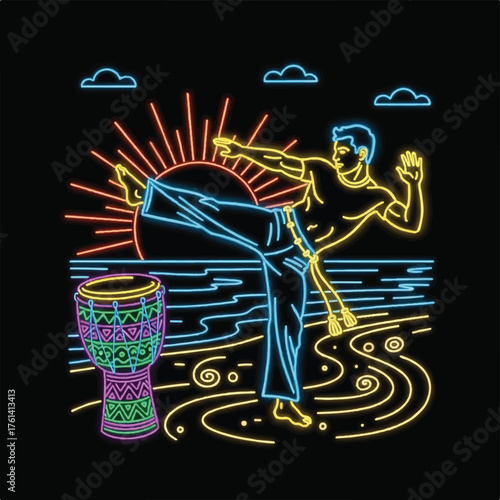 Neon illustration of a man performing a Capoeira kick on a beach with a drum and sunset in the background.