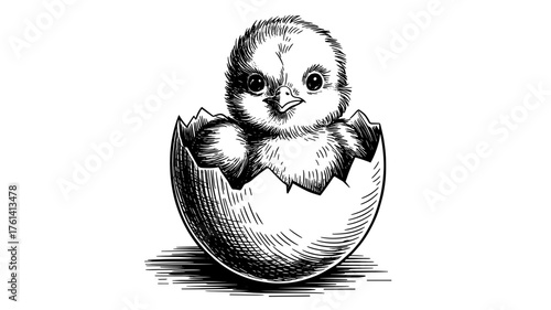 a baby chick emerging from a cracked eggshell, symbolizing birth, new beginnings, life, and springtime growth.  