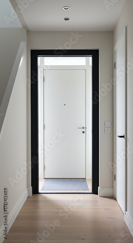 Hallway with a white door and black frame, modern interior design.