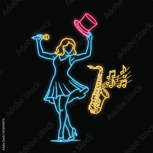 Neon illustration of a woman singing with a microphone and holding a top hat, accompanied by a saxophone and musical notes.