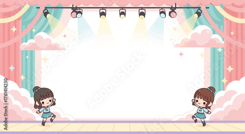 Cartoon illustration of a stage with curtains, spotlights, clouds, and two small girls in dance poses, creating a whimsical and inviting scene.