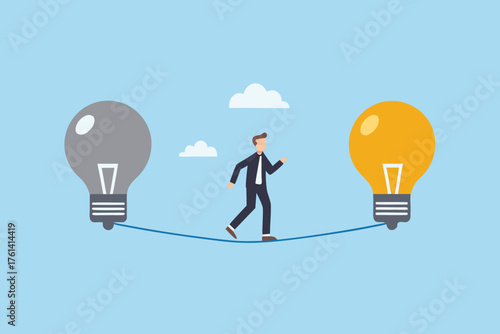 Businessman walks a tightrope between a gray and a yellow light bulb representing ideas and innovation