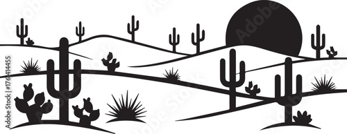 Desert landscape with cacti and a large sun silhouette