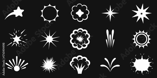 Collection of white starbursts explosions sparkles and abstract shapes on black background