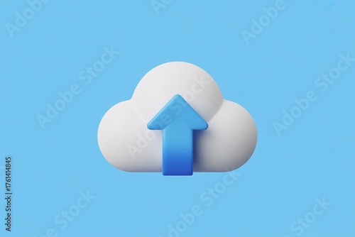 Cloud icon upload arrow white blue background surreal fantasy data tech storage design