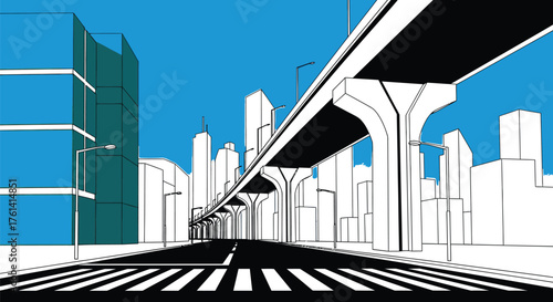 Cityscape illustration with elevated road and modern buildings
