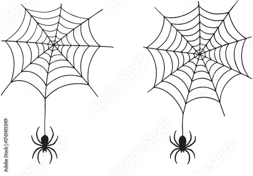 Halloween Identical Spiders Hanging from Webs Black and White Illustration
