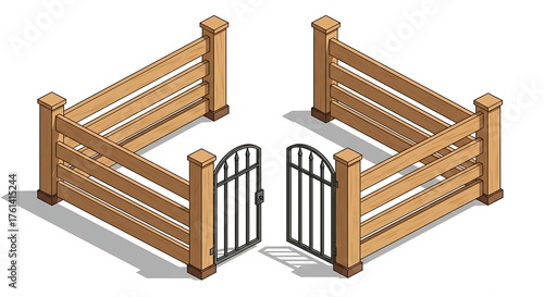 Isometric Wooden Fence with Open Metal Gate on White Background.