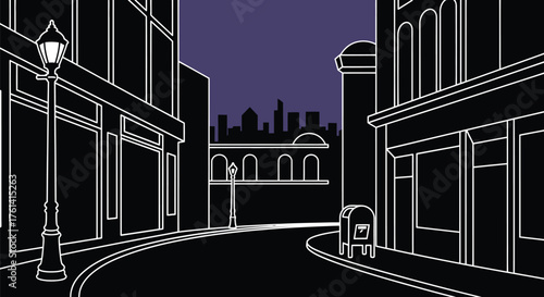 City street illustration black and white cityscape at night time