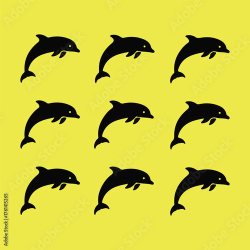Nine Black Dolphins Leaping on Yellow Background Keywords: dolphins, leaping, jumping, ocean