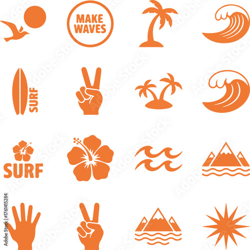 Orange icons representing surfing and tropical vacation Keywords: orange, icons, surf, surfing