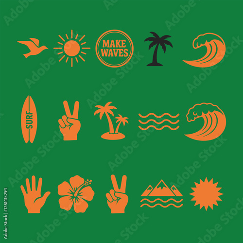 Orange Summer Beach and Surf Icons on Green Background Keywords: surf, surfing, beach, ocean