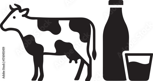 Cow and Milk Bottle Icon with Glass Keywords: cow, milk, dairy, farm, animal, agriculture