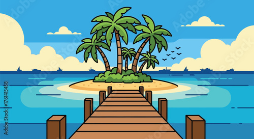 Cartoon tropical island with palm trees and wooden pier vector