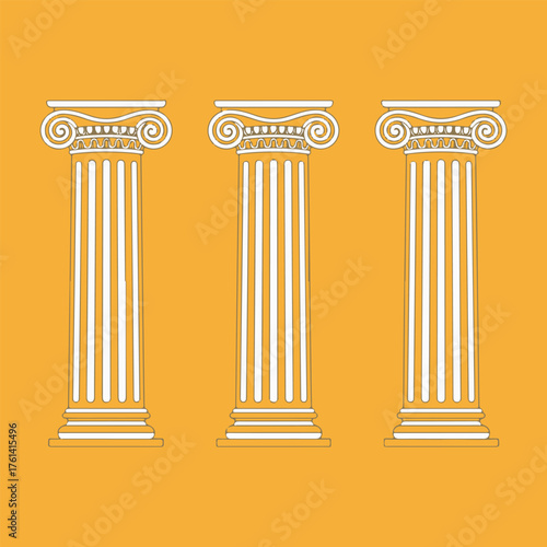 Three Ionic Columns on Orange Background Keywords: column, pillar, architecture, ancient